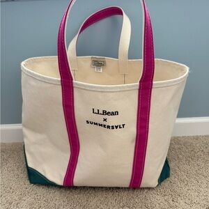 L.L. Bean Cream Tote with Pink and Teal Accents